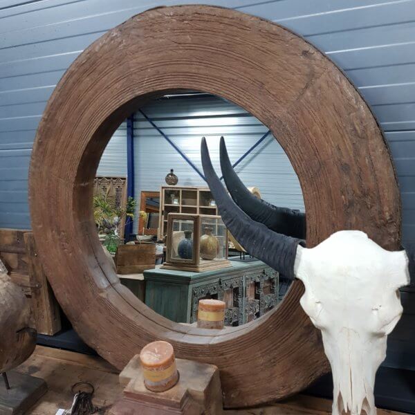oud houten ronde spiegel - Pilota stoer Wonen